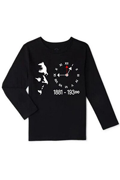 lepiska 10 Kasım Atatürklü Uzun Kollu Siyah Tişört, 10 Kasım Atatürk Baskılı Sweat, Unisex Siyah Pamuklu