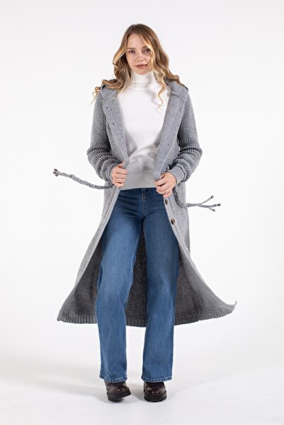 Esswaap Belden Bağlamalı Çift Cepli Kapişonlu Uzun Hırka Gri