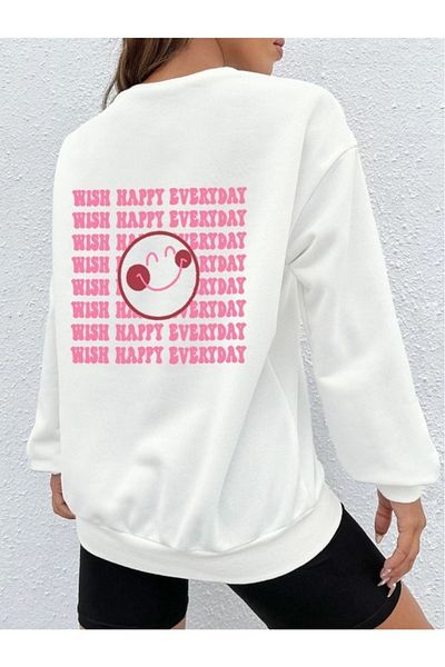 PALPİTO Γυναικείο φούτερ White Wish Happy με στάμπα Oversize