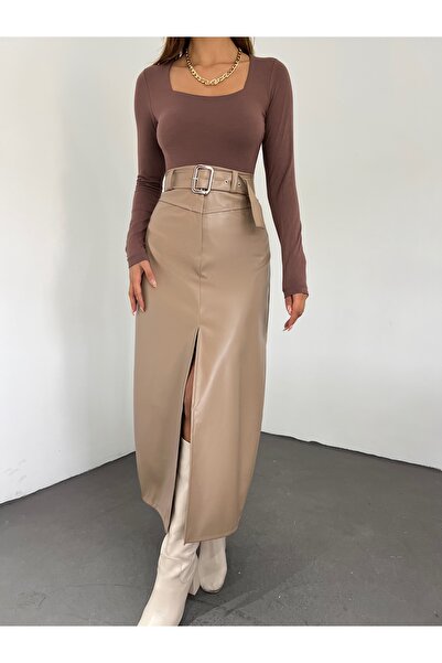 Fav Style Жіноча шкіряна довга спідниця з високою талією бежевого кольору з поясом з розрізами