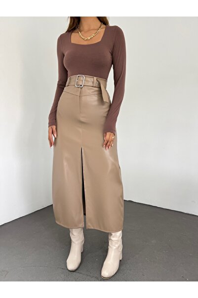 Fav Style Fustă lungă din piele cu fante în față cu talie înaltă pentru femei, bej