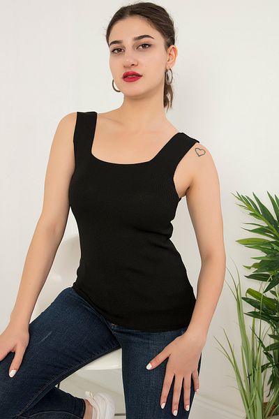 PULLIMM Women's Black Tank Top Thick Strap Tank Top Thin Summer Square Neck Knitwear ESP039