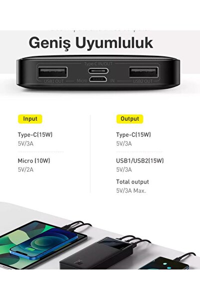 Baseus Çift Yönlü Ntc Isı Korumalı Dijital Ekranlı 15w 10000 Mah Powerbank Hafif Kompact Tasarım