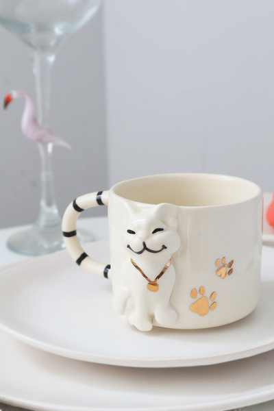 ada mia seramik El Yapımı Kedi Figürlü 24K Altın Dekorlu Seramik Mug 250ml