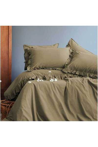 İssimo Set de lenjerie de pat dublu din poplin de bumbac 100% spălat Frill Khaki