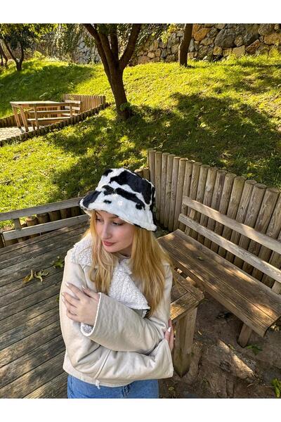 Eke Tekstil Kadın İnek Desenli Peluş Kova Şapka