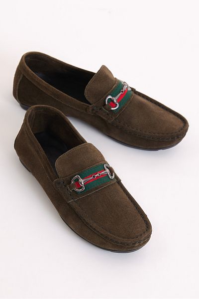 Tonny Black Men's Khaki Front Buckle Suede Genuine Leather Loafer