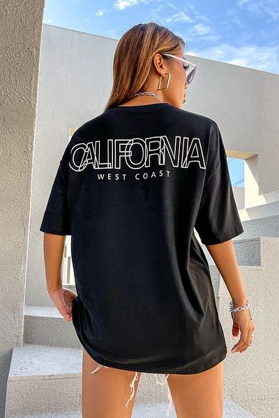 MODAGEN Women's Black California West Coast Printed Oversize T-shirt