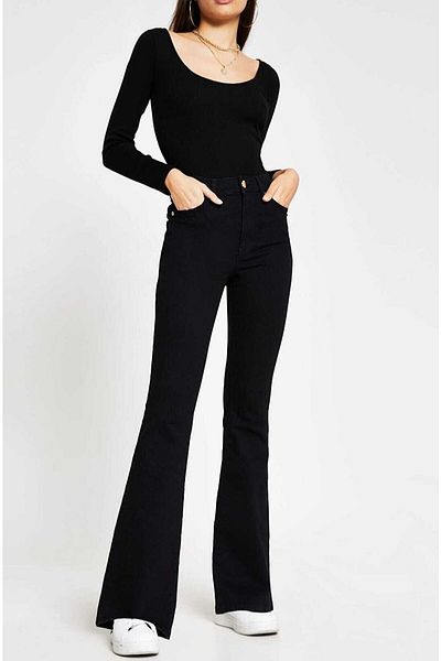 ByCukurovaFrango Julia S.o.l.m.a.z.siyah Flare Leg Black Jean Extra Lycra High Waist Long Leg (PACKER)