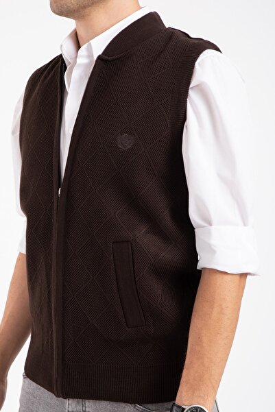 Mutlu City Ανδρικό πλεκτό γιλέκο μέσης ηλικίας και άνω - με φερμουάρ, χειμώνα, ακρυλικό, χρώμα καφέ 2073