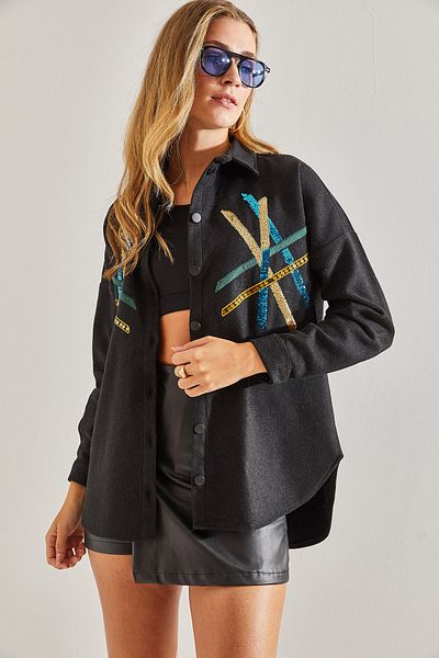 Bianco Lucci Women's Sequin Pallet Embroidered Stamp Shirt