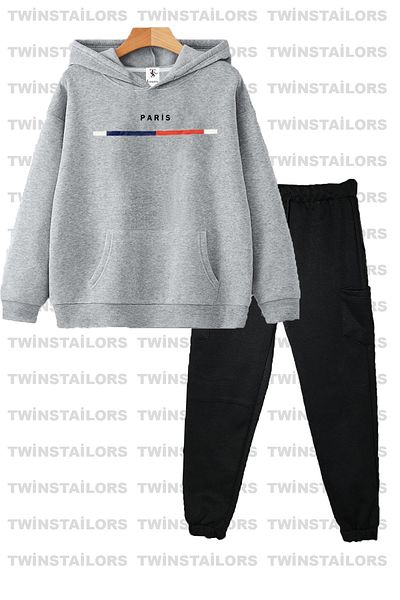 twins tailors طقم رياضي للأطفال رمادي مطبوع من باريس للجنسين