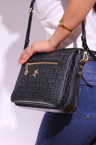 Nas Bag 1202 Script Γυναικεία Τσάντα ώμου Τσάντα ώμου Τσάντα χιαστί ΜΑΥΡΗ