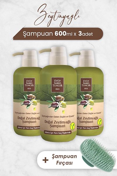Eyüp Sabri Tuncer 600 ml Olive Oil Shampoo - X 3 Pieces and Brush