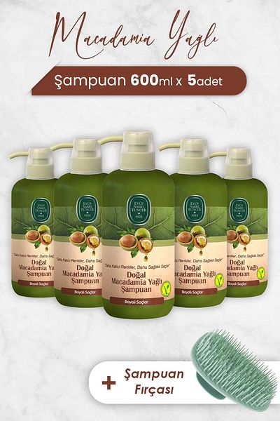 Eyüp Sabri Tuncer Macadamia Oil Shampoo - 600ml X 5 Pieces and Shampoo Brush