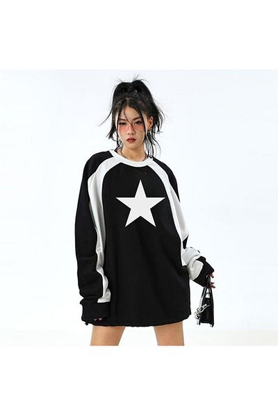 Touz Φούτερ LAGOM FASHION Y2K Streetwear Star με στάμπα μαύρο Unisex Oversize με λαιμόκοψη
