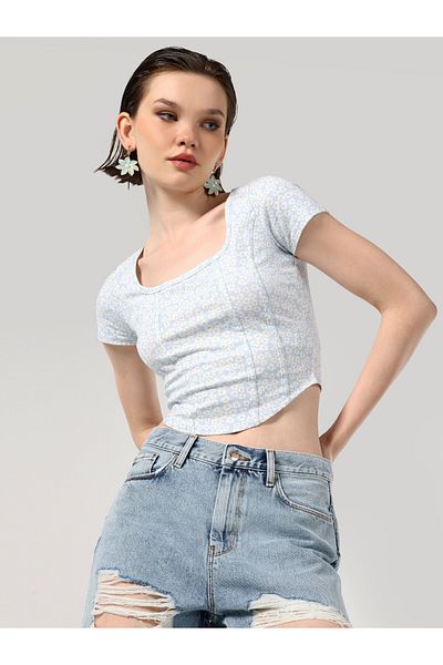 Colin's Tricou Crop albastru pentru femei - croială subțire, guler mare, mânecă scurtă