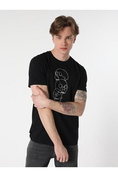 Colin's Regular Fit Crew Neck Printed Black Men's Short Sleeve T-Shirt
