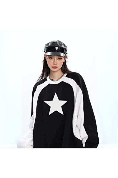 Toum 3BROs Y2K Streetwear Star Baskılı Siyah Unisex Oversize Bisiklet Yaka Sw...