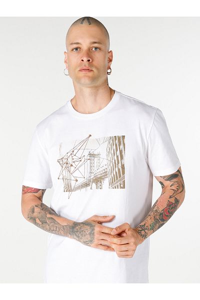 Colin's Tricou cu mânecă scurtă pentru bărbați, alb, cu imprimeu, cu decolteu rotund