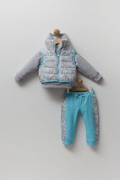 PODİUM GİYİM New Trend Sezon 2/5 ani Floral Gonflabil Vestă cu glugă Set de trening elegant din 3 piese-Vișine