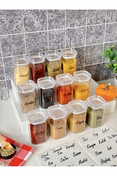 Kitchen Pembelia حاوية تخزين مجموعة جرة توابل أكريليك مكونة من 12 قطعة سعة 250 مل مع ملصق شفاف