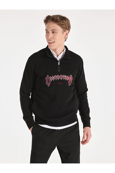 Colin's Printed Men's Black Sweatshirt - Regular Fit, Zipper Collar