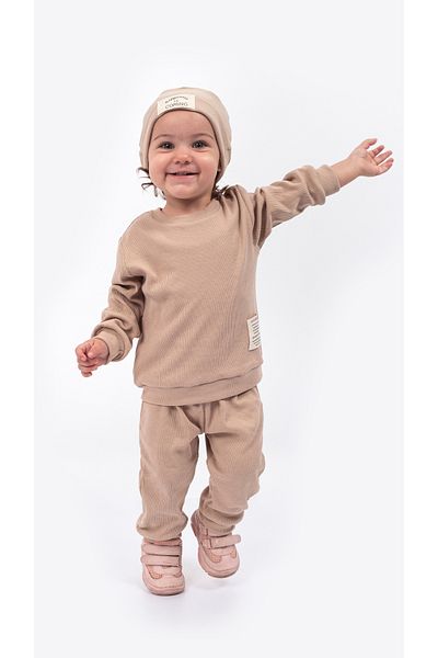 Bubito Unisex Hat Crest Detailed Waffle 3-Piece Bottom Top Set-Beige