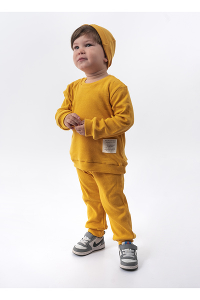 Bubito Unisex Hat Crest Detailed Waffle 3-Piece Bottom Top Set-Mustard