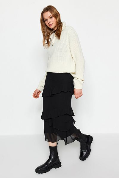 Trendyol Collection Schwarzer Midi-Chiffonrock – Schwungrad-Detail, gewebt, TWOAW24ET00269