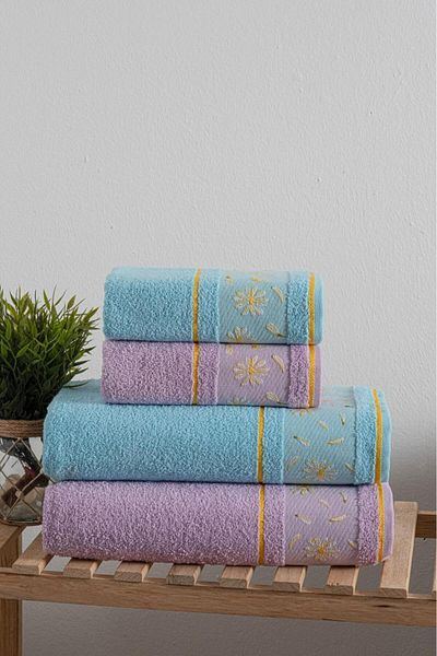 Mürdüm Home Σετ Πετσέτες μπάνιου Daisy Κεντημένες 4 100% Βαμβάκι