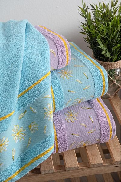 Mürdüm Home Σετ Πετσέτες μπάνιου Daisy Κεντημένες 4 100% Βαμβάκι
