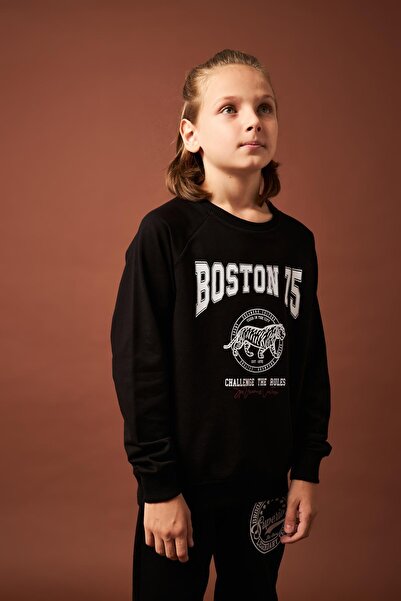 Perendi Boston Baskılı Erkek Çocuk Sweatshirt Siyah