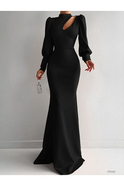 ModaLy Moda ΕΥΚΑΜΠΤΟ ΥΦΑΣΜΑ SCUBA ΜΑΥΡΟ ΧΡΩΜΑ MERCHANT CUT ΜΑΚΡΥΜΑΝΙΚΙ ΛΑΙΜΟΣ ΒΡΑΔΙΝΟ ΦΟΡΕΜΑ GL-737 582279