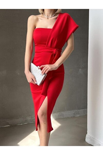 ModaLy Moda Elastično Skuba VEČERNJA HALJINA OD TKANINE CRVENE BOJE SA DETAJL...