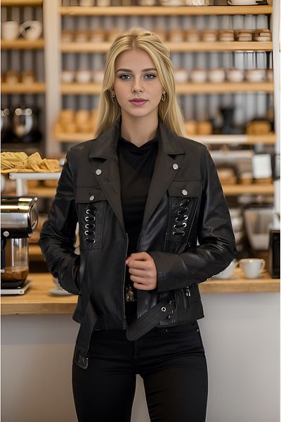 By Marki Marki Genuine Leather Jacket, Double Breasted Collar, Belted Design, Drawstring Pockets Leather Coat -100122