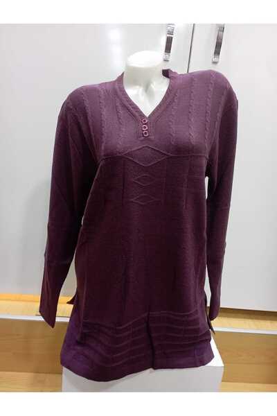 NUR TEKSTİL kadın anne koyu lila triko v yaka düğme detaylı kazak
