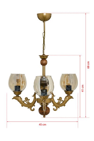 DEDE THREE ARMS WOODEN TOLD SAVA ZAMAK CHANDELIER WITH HONEY COLOR GLASS