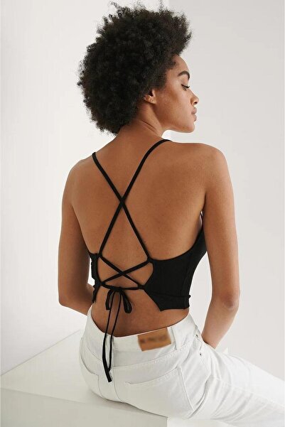 World Fashion Trends Sırtı İpli Askılı Crop Top Bluz Esnek Likralı