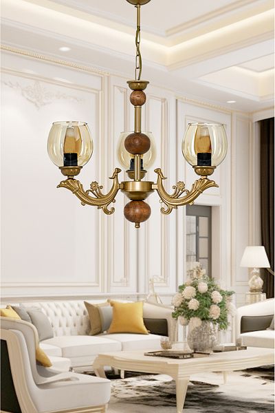 DEDE THREE ARMS WOODEN TOLD SAVA ZAMAK CHANDELIER WITH HONEY COLOR GLASS