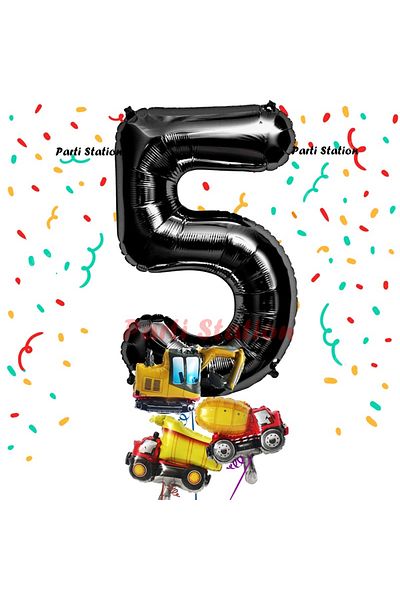 Parti Station Black Color Number Balloon Small Size Construction Balloon 5 Year Old Construction Truck Concept Birthday Balloon Set