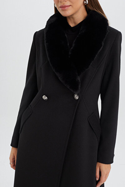 Zühre Kürk Yaka Cep Detaylı Kaşe Siyah Kaban 13092