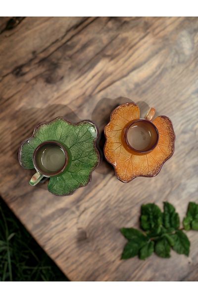 Artistic Quality Tea and Coffee Cup Set with Decorative Pumpkin Leaf Figure, Green and Brown Colors for 2 People