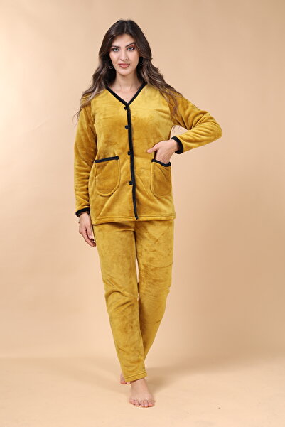 mervemoda Kadın Hardal soft kumaş yüksek kalite önden düğmeli cepli pijama takımı