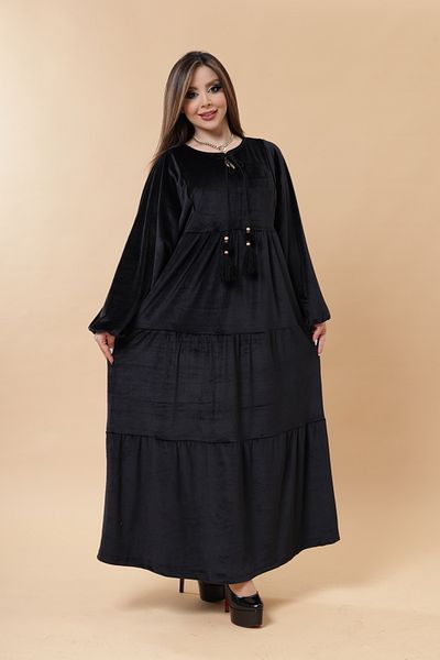 mervemoda Γυναικείο βελούδινο μαύρο μακρύ φόρεμα από μένα