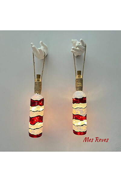 Mes Reves Kadın El Heykeli Dekorlu Peri LED Işıklı Kırmızı Beyaz Vitray Boyama Şampanya Şişesi Aplik 2'li Set