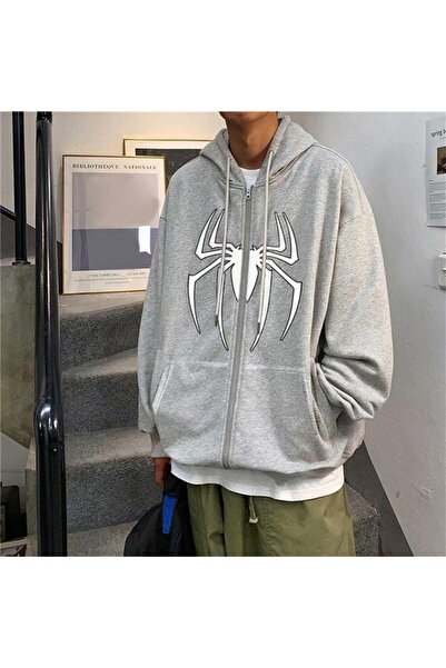 Violon سترة بغطاء للرأس رمادية اللون كبيرة الحجم مطبوعة على شكل عنكبوت للجنسين