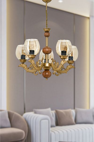 DEDE FIVE ARMED WOODEN TOLD SAVA ZAMAK CHANDELIER WITH HONEY COLOR GLASS