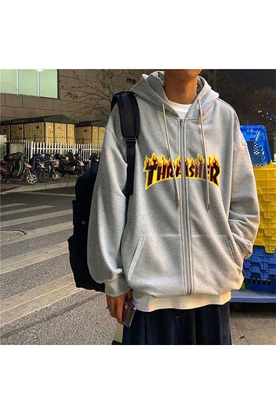Touz Thrasher Printed Oversize Ζακέτα με φερμουάρ γκρι Unisex με κουκούλα