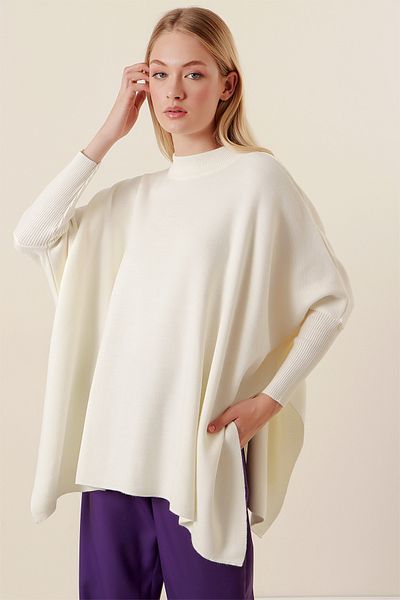 lovebox Side Slit Detail Wide Bat Sleeve Round Collar Oversize Wide Fit Ecru Knitwear Sweater 15783